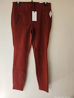 Front view of rust red slim fit pants with two zippered front pockets, hanging on a black hanger against a white wall.