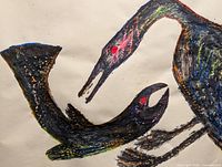 Close-up of goose and fish showing textured brush strokes and color details