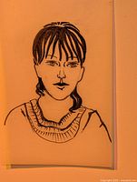 Front view of original drawing depicting a woman with dark hair and bangs, wearing a ribbed sweater.