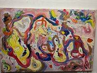 Full view of original abstract painting on canvas showing vibrant colors and dynamic forms.