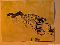 Full image of an original 1986 artwork on paper depicting a goose with three goslings, set on a yellow background, signed or marked with the year 1986.