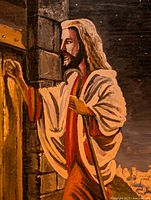 Front view of painting showing bearded man in white and red robes knocking on a door set in stone wall, cityscape visible in the distance