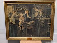 Front view of framed vintage store print showing an old store interior scene with several people and detailed shelving.