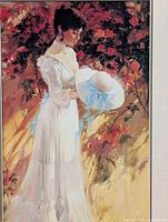 Close-up of colorful vintage style print of woman in white dress holding a hat, showing the painting style and floral background