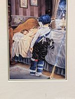 Print shows detailed image of a child in hockey gear standing next to bed with sleeping child, set in a warmly decorated bedroom with floral wallpaper and framed pictures.