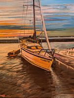 Frontal and angled views of the oil painting showing the boat and water at sunset or sunrise with detailed brush strokes.