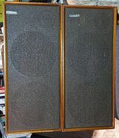 Front view of two speakers with black grills, wooden frames. Visible logos show these as Celestion Ditton 15 speakers.