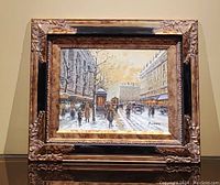 Front view of the framed oil painting showing the winter New York City street scene with people and vintage cars.