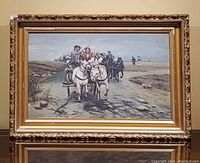 Front view of framed oil painting showing two white horses pulling a carriage with multiple figures, a second carriage in background, and scenic countryside setting.