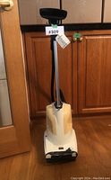 Conair fabric steamer standing upright on hardwood floor near wooden cabinets, displaying front beige water tank, black hose, and steam head.