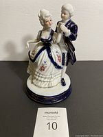 Photo showing front view of vintage German porcelain figurine musical couple in 18th-century clothing with dark blue and white colors and floral decoration.