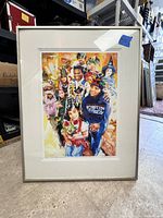 Framed and matted giclee print by William Heydt portraying children dressed in festive clothing, one wearing a Boston Celtics sweatshirt.