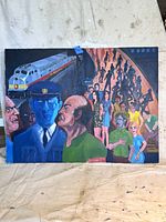 Full view of the painting showing a train, human figures, and the tunnel scene.