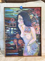 Full view of the oil painting on canvas showing a side-profile of a woman with a colorful abstract background.