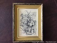 Framed pen and ink lithograph of sailors at the ship's helm with visible wear on wooden frame