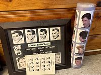 Framed sign titled Charles Barber Shoppe Official Hair Styles for Men and Boys with black and white sketches of different men's haircuts and a small sheet with icons inside the frame.
