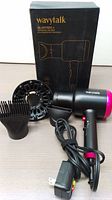 Photo showing Wavytalk hair dryer in black with magenta accent, diffuser attachment, concentrator nozzle, comb attachment, power cord, and product box.