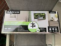 Box of SANUS Full-Motion TV Wall Mount VMF518-B3 showing product details including 40-50 inch compatibility and features like swivel and tilt.