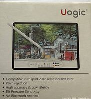 Box showing stylus on iPad screen with key features listed: compatible with iPad 2018 and later, palm rejection, high accuracy, low latency, tilt pressure sensitivity, no Bluetooth.