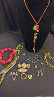 Overview of assorted jewelry including Monet bracelet, coral bracelet, Betsey Johnson necklace, vintage pins, earrings and a ring laid on black background.