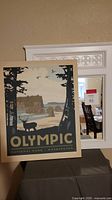White framed mirror with decorative carved detail and a large Olympic National Park canvas print with wildlife and landscape illustration leaning on the mirror.