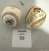 Two promotional baseballs displayed showing the 1991 Toronto All Star Game logo on one ball and signatures with Baseball Canada logo on the other.