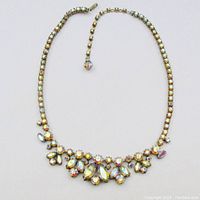 Full view of the Sherman aurora borealis rhinestone necklace showing length and clasp.
