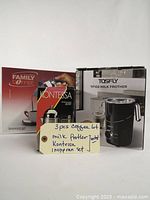 Photo showing all three boxed items: Inoxpran Family Coffee Maker, Kontessa Coffee Press, and Tosfly TF102 Milk Frother, with a note listing the included items.