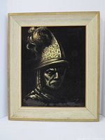 Frontal image of framed portrait painting showing detailed helmet and face of warrior on black velvet background