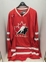 Front view of red Team Canada hockey jersey with large maple leaf and hockey player logo, white stripes on body and sleeves, hanging on a hanger.
