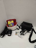 Overall lot arranged showing Nikon camera, Panasonic video camcorder, battery charger with batteries, camera bags, and accessories