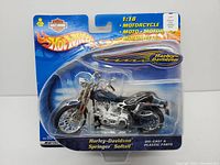 Sealed Hot Wheels Harley-Davidson Springer Softail 1:18 die-cast motorcycle in original blister card packaging, showing front and side view of packaging and model.