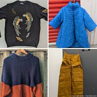 Four clothing items: black parrot sweater, blue-orange sweater, blue puff jacket, mustard canvas coveralls