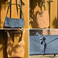 Four leather bags: small black crossbody, large tan bucket/shoulder bag, large tan backpack, and small black wallet/clutch displayed hanging outdoors on wooden fence.