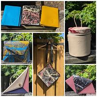Various angle photos showing three small wallets in blue, splash-patterned, and yellow colors; triangular and square geometric small purses in multicolor splash paint; small bucket crossbody bag; and a hanging medium-sized purse with strap.