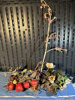 Full view of the lot with silk flowers, branches with pink blossoms, and artificial fruit on curved vines