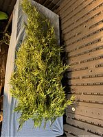 Photo of four synthetic greenery stems with lush green foliage laid out on a blue cloth.