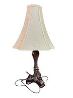 Full view of the table lamp showing beige fabric shade and twisted brown base