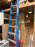 Blue fiberglass Werner step ladder standing open with 8 steps visible, top black platform, aluminum step treads, in a workshop environment.