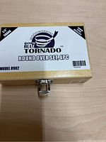 Closed wooden box with label indicating 'Craftex Blue Tornado Round Over Set 4PC' model R902, 1/2" shank, carbide cutting edges.