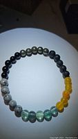 Full view of the natural mixed gemstone stretchy bracelet arranged in a circle with beads visible in multiple colors and finishes under spotlight.