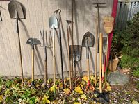 Wide shot of all garden tools leaning against an outdoor shed showing shovels, pitchfork, rake, broom, hoe and tamper