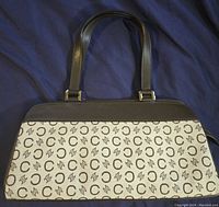 Top side view of Celine purse showing repeating logo pattern and leather handles