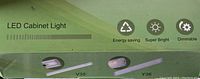 Packaging detail showing LED cabinet lights product branding, length designations (V35, Y35), and features including energy saving, super bright, and dimmable.