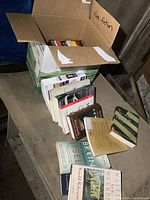 Photo showing a box full of books, labeled 'Non-Fiction' on the inside flap. Various book titles are visible including 'Sisters of Survival', 'The Human Rights Reader' and 'Wild Cherry Street'. The books are a mix of paperback and hardcover in lightly used condition.