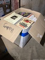 Box full of various novels and history books, angled top view with open flap showing spines and covers of the books.