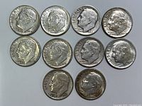 Obverse sides of ten Roosevelt dimes showing various dates between 1948 and 1961 with visible wear and toning.
