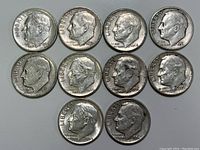 Obverse side of the 10 Roosevelt dimes showing each coin's profile side with clear minting years visible.