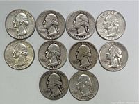 Obverse view of 10 Washington quarters pre-1965 showing dates and condition.