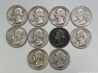Obverse sides of 10 Washington quarters showing dates from 1942 to 1962.